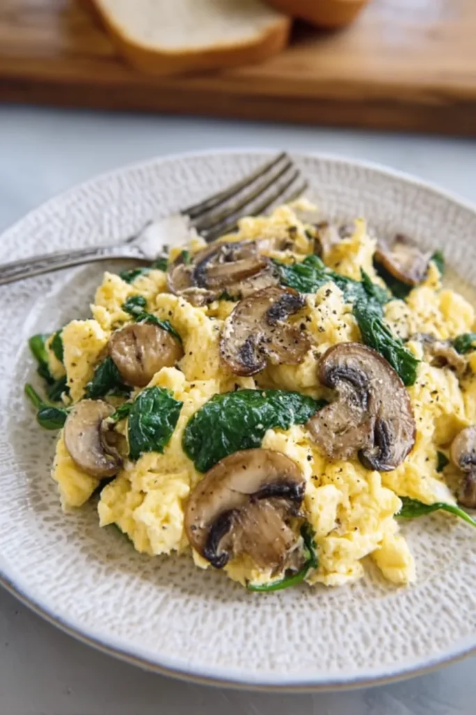 Fluffy scrambled eggs with sautéed mushrooms and fresh spinach on a plate, served with a fork.