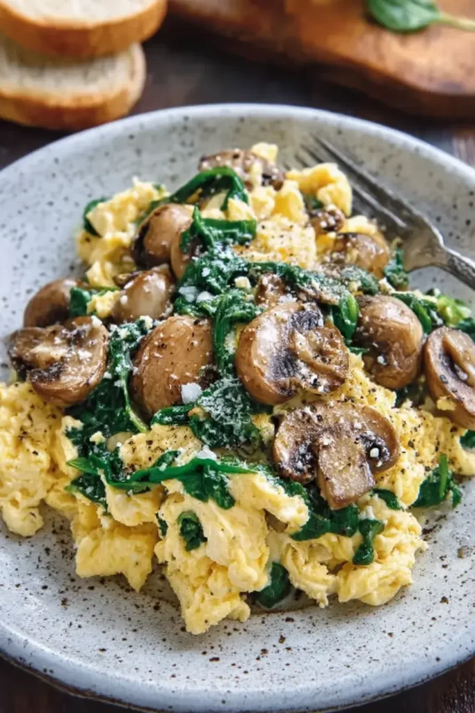 Fluffy scrambled eggs with sautéed mushrooms and fresh spinach served on a white plate.