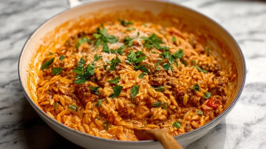 Ground beef orzo pasta in a large ceramic bowl with creamy tomato sauce and fresh parsley garnish.