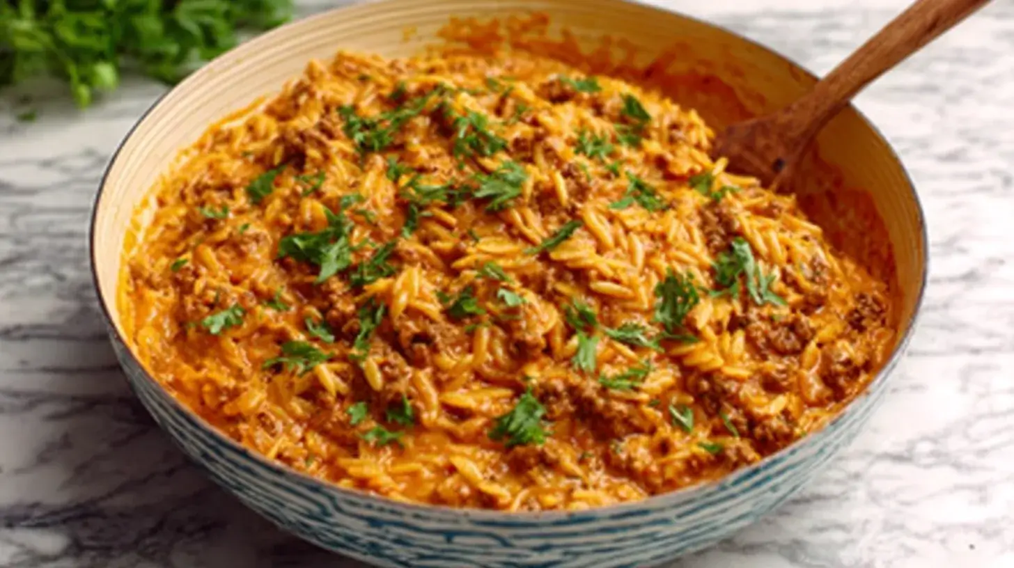 A large serving bowl filled with creamy ground beef orzo in a tomato cream sauce, garnished with fresh parsley.