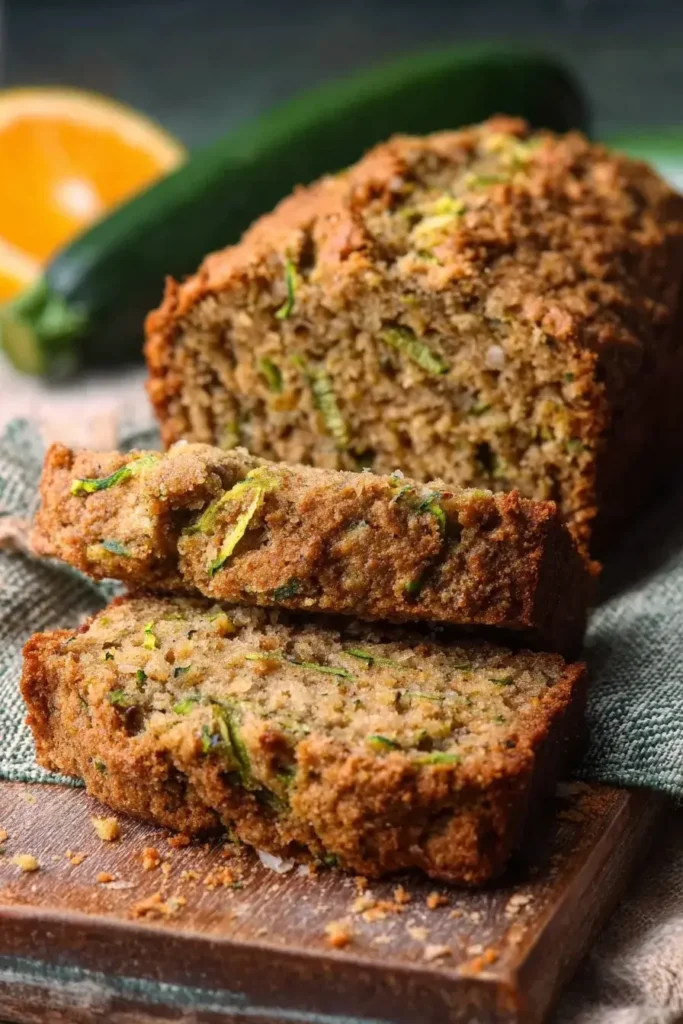 Close-up of sliced homemade zucchini bread loaf with golden crust and moist crumb, served on a wooden board.