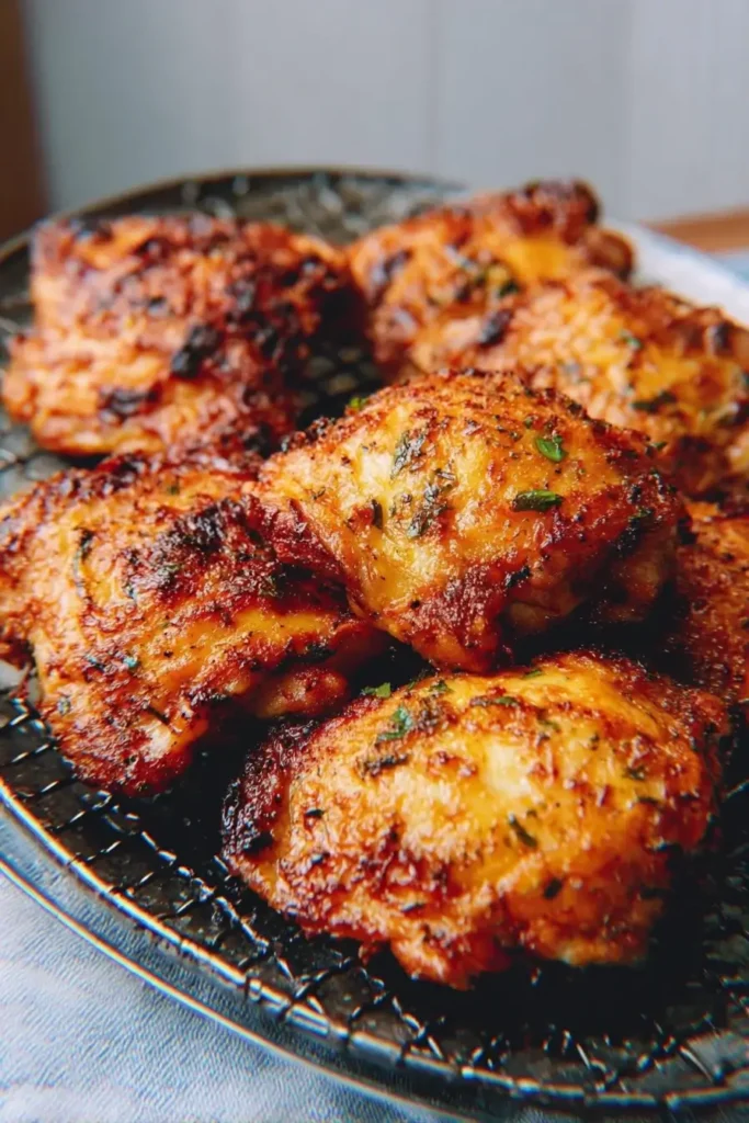 Golden brown air fryer chicken thighs with crispy skin and juicy texture served on a plate.