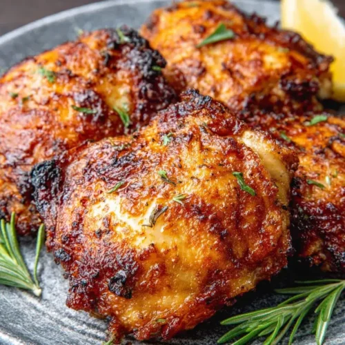 Golden brown air fryer crispy juicy chicken thighs served on a black plate, perfectly seasoned and cooked to perfection.