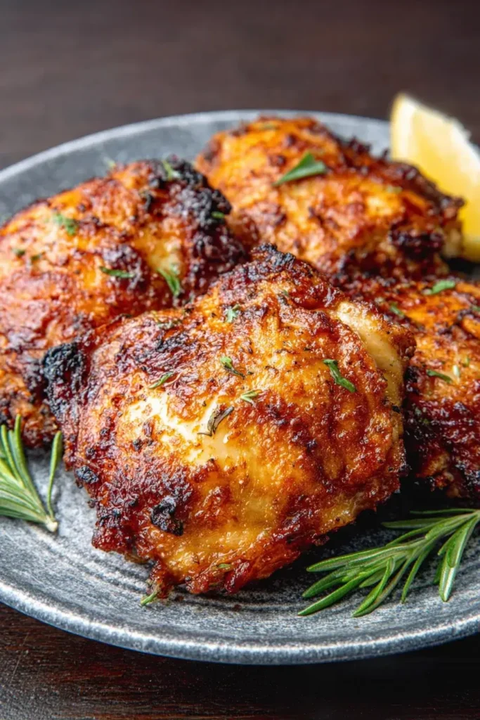 Golden brown air fryer crispy juicy chicken thighs served on a black plate, perfectly seasoned and cooked to perfection.