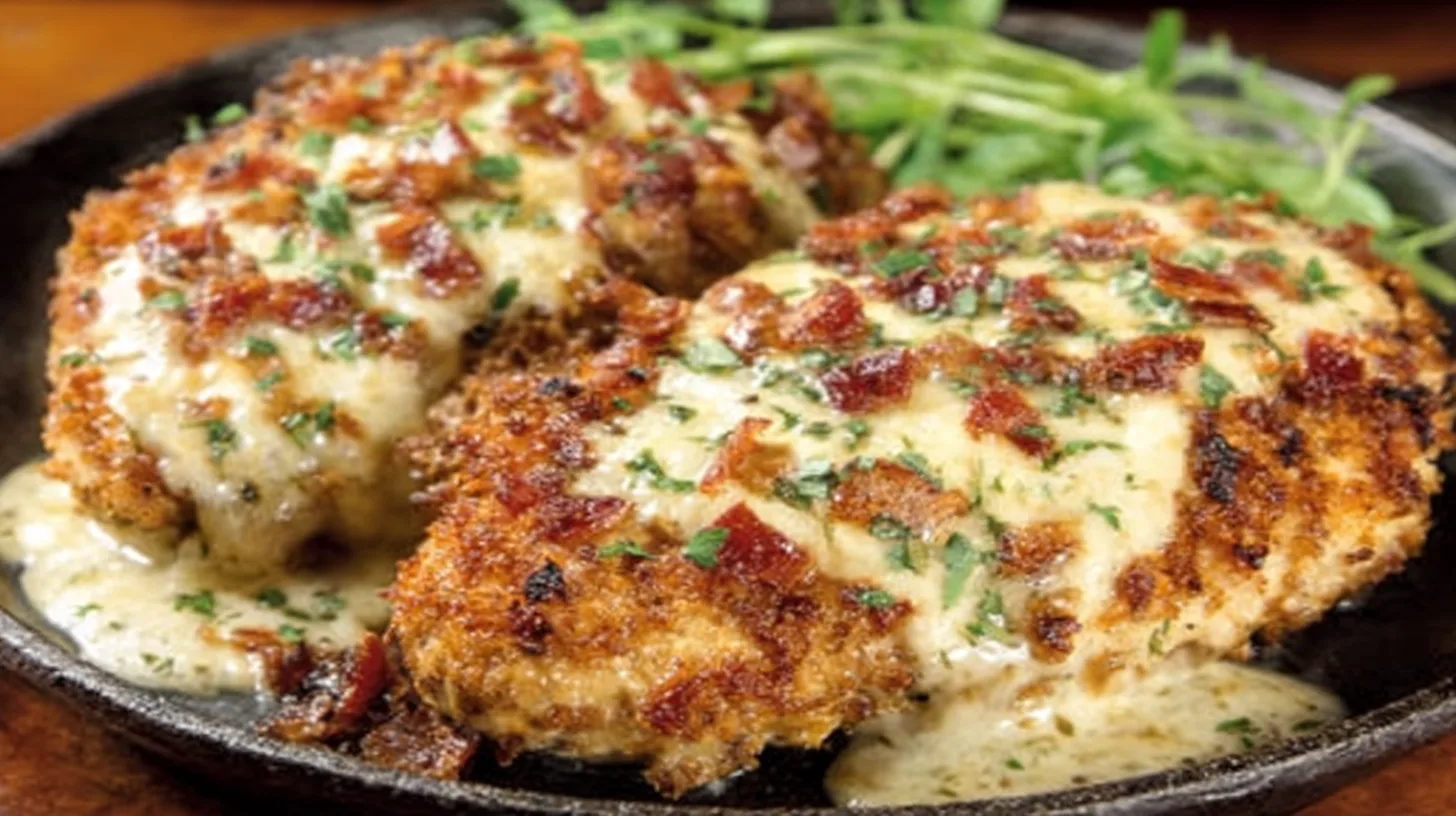 Close-up of crispy LongHorn Steakhouse Parmesan Chicken topped with melted cheese and herbs in a creamy sauce.