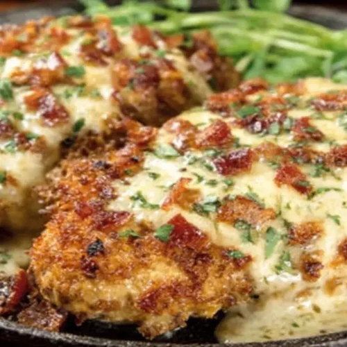 Close-up of homemade LongHorn Steakhouse Parmesan Chicken topped with melted cheese and herbs, served with pasta in a creamy sauce.