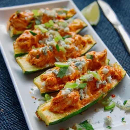 Healthy Air Fryer Buffalo Chicken Zucchini Skins topped with melted cheese, buffalo sauce, and fresh green onions on a white serving plate.