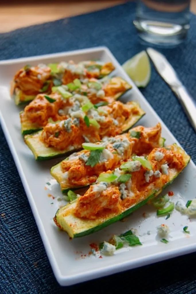 Healthy Air Fryer Buffalo Chicken Zucchini Skins topped with melted cheese, buffalo sauce, and fresh green onions on a white serving plate.