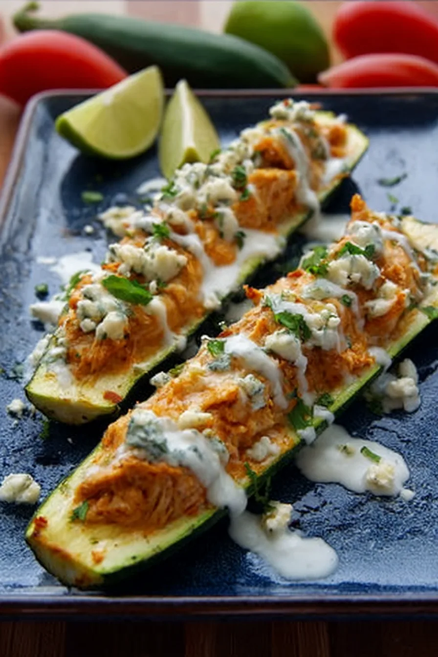Crispy air fryer buffalo chicken zucchini skins topped with melted cheese, blue cheese crumbles, and fresh green onions on a white plate.