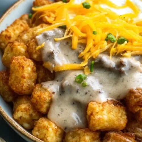 Bowl of crispy tater tots topped with creamy sausage gravy, shredded cheddar cheese, and chopped green onions.