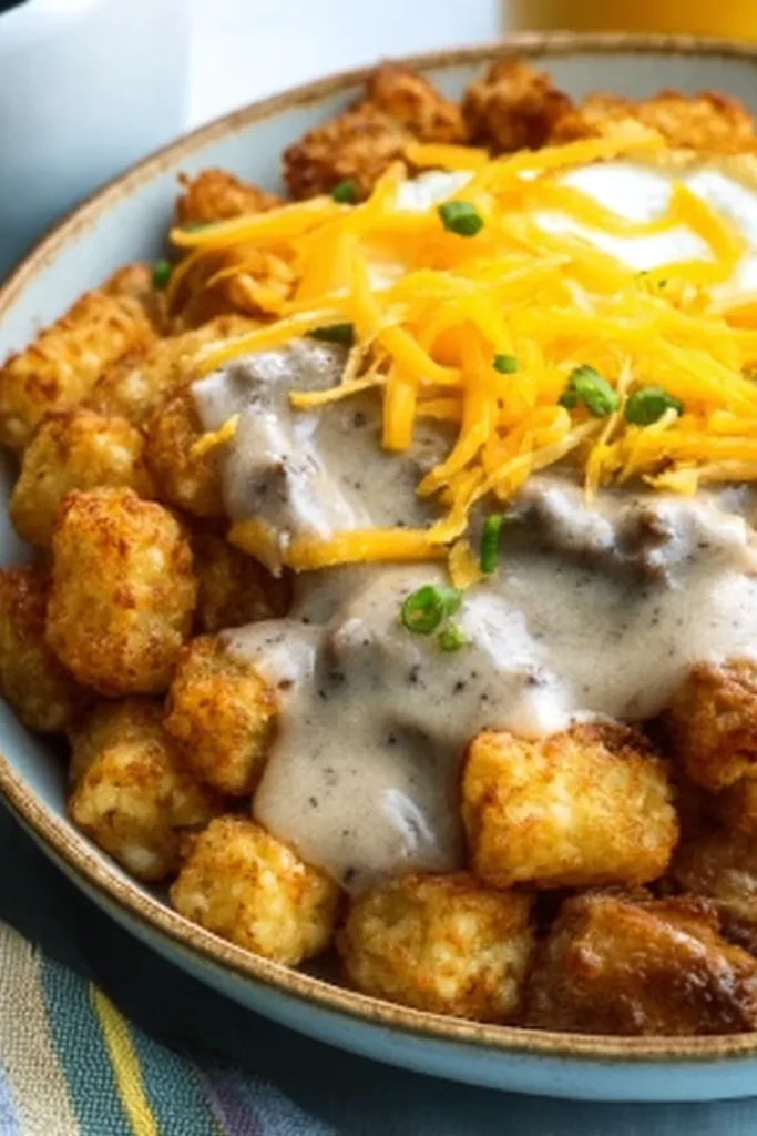 Bowl of crispy tater tots topped with creamy sausage gravy, shredded cheddar cheese, and chopped green onions.