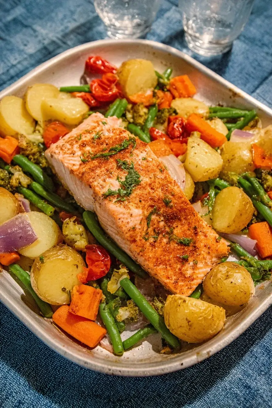 A baked sheetpan salmon fillet with roasted baby potatoes, green beans, carrots, broccoli, and cherry tomatoes, seasoned with herbs and spices.