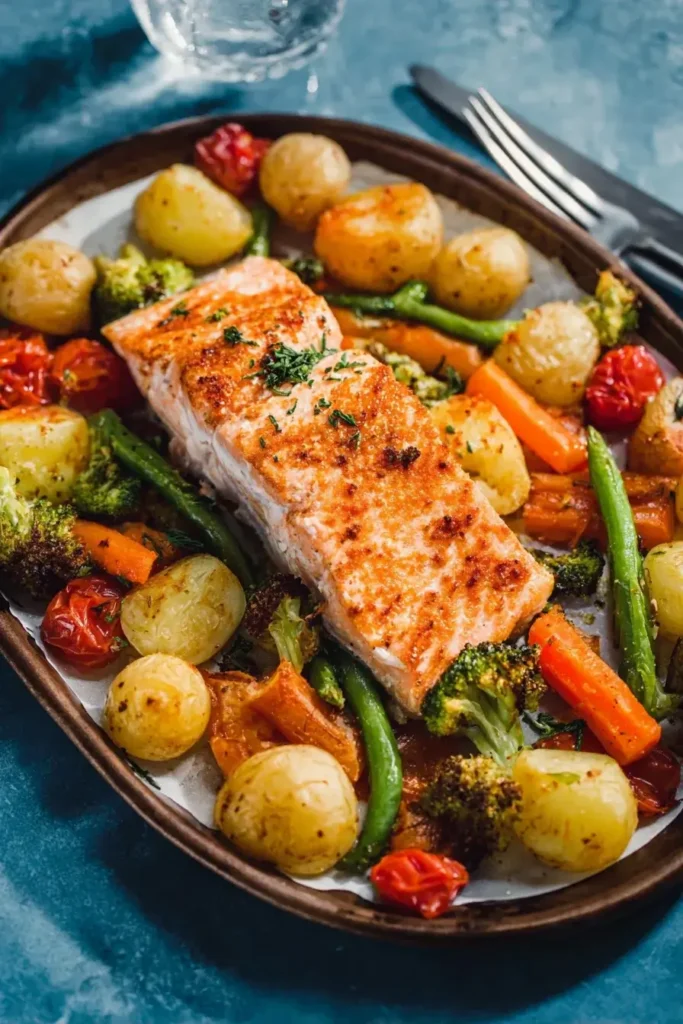 Sheetpan salmon and potatoes with roasted vegetables including carrots, green beans, tomatoes, and broccoli on a baking tray.