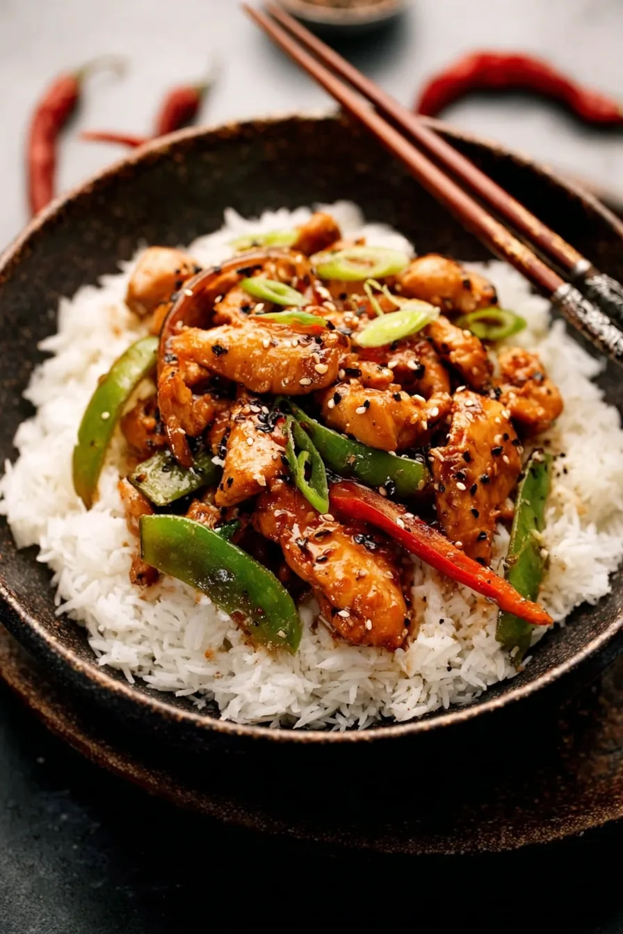Plate of Take-Out Style Black Pepper Chicken with bell peppers served over white rice