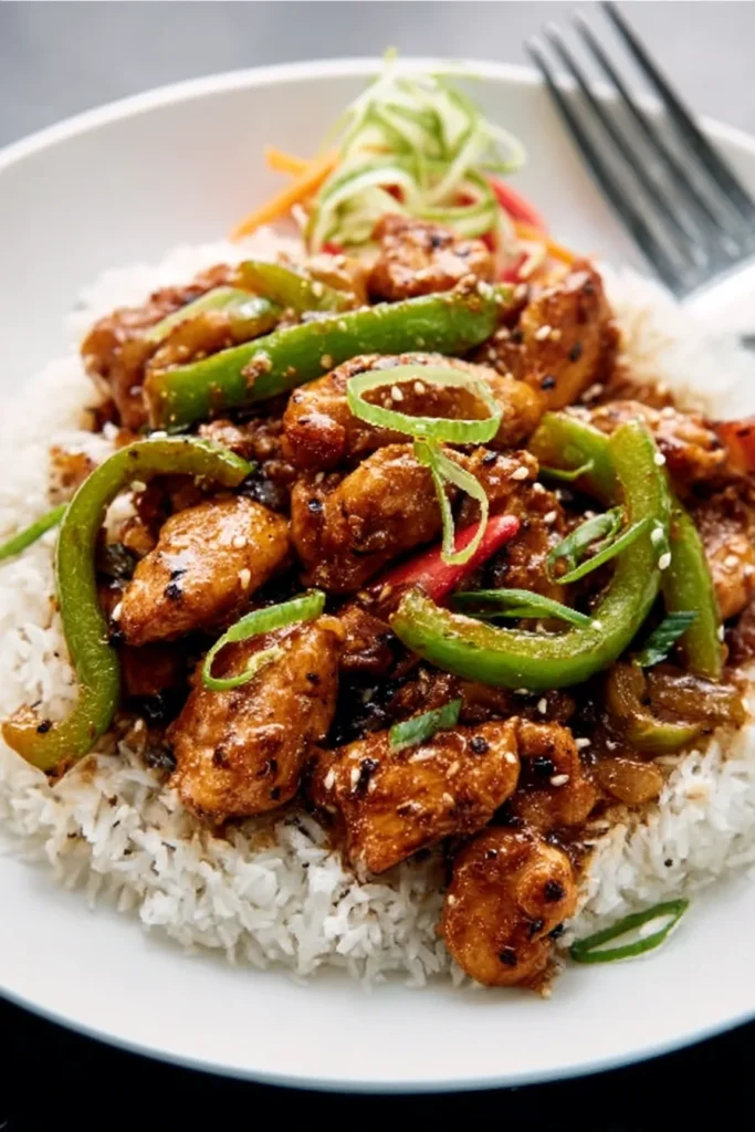 Plate of Take-Out Style Black Pepper Chicken stir-fry with bell peppers served over steamed white rice
