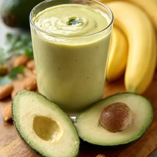 Glass of creamy almond banana avocado smoothie topped with cinnamon, surrounded by fresh bananas, almonds, and avocado.