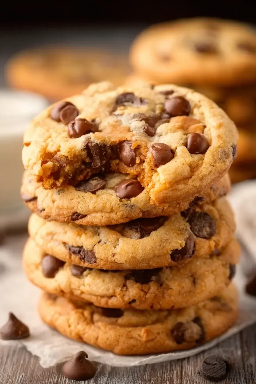 Freshly baked chocolate chip cookies stacked on parchment paper, golden brown with melted chocolate chips.