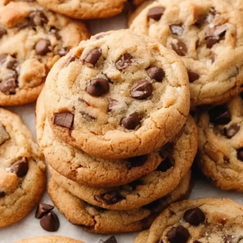 Freshly baked chocolate chip cookies stacked on a plate, golden brown with gooey chocolate chips.