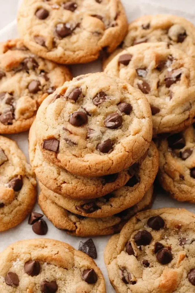 Freshly baked chocolate chip cookies stacked on a plate, golden brown with gooey chocolate chips.