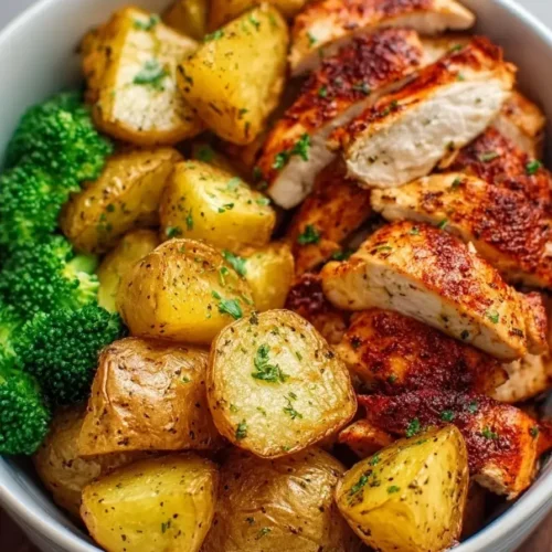 A healthy bowl filled with juicy grilled chicken breast, golden roasted potatoes, and fresh steamed broccoli, served as a low-calorie Skinny Chicken and Roasted Potato Bowl.
