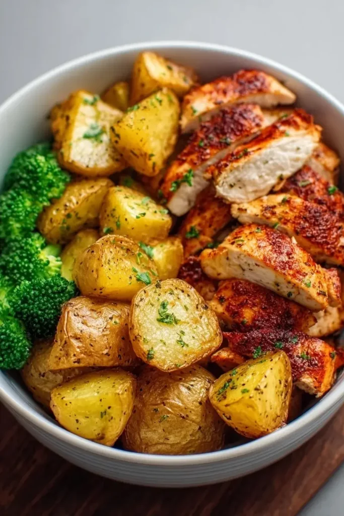 A healthy bowl filled with juicy grilled chicken breast, golden roasted potatoes, and fresh steamed broccoli, served as a low-calorie Skinny Chicken and Roasted Potato Bowl.