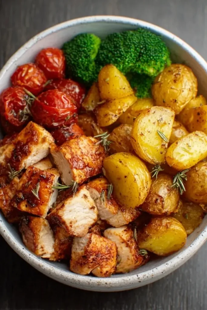 A healthy bowl with roasted potatoes, seasoned grilled chicken breast, and steamed broccoli – a low-calorie Skinny Chicken and Roasted Potato Bowl.