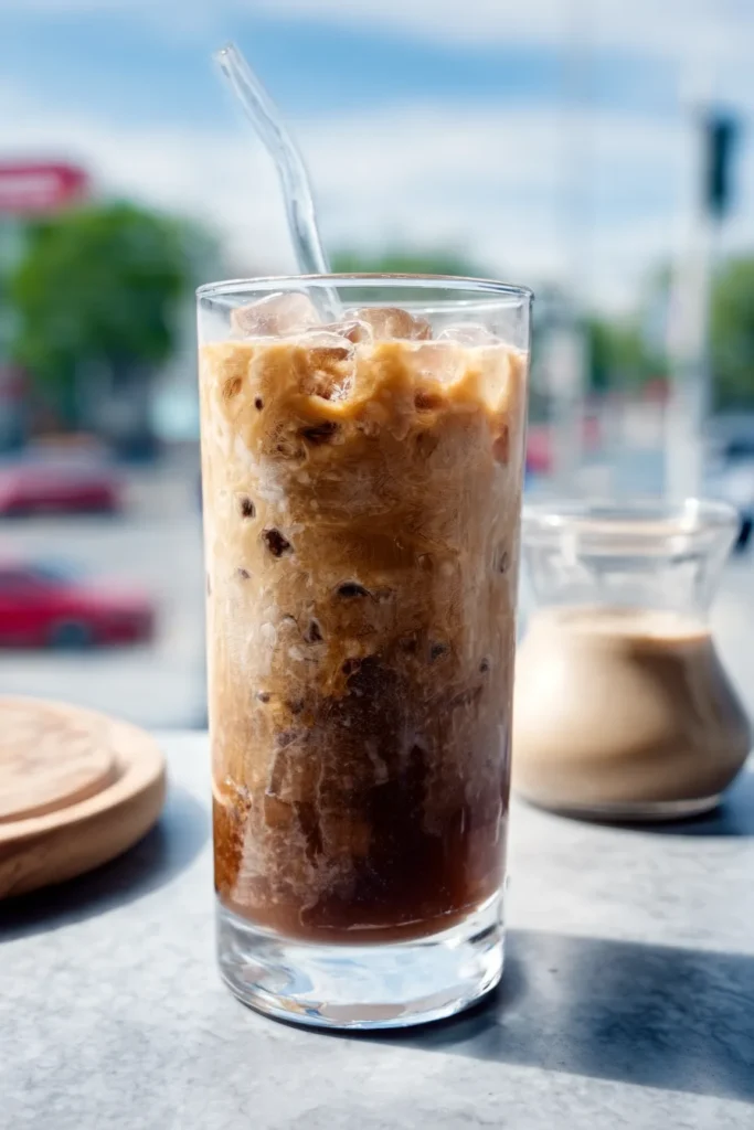Tall glass of creamy iced coffee with swirling milk and ice cubes on a light table.