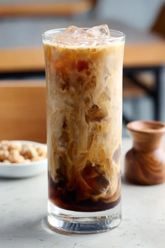 Tall glass of creamy iced coffee with swirling milk and ice cubes