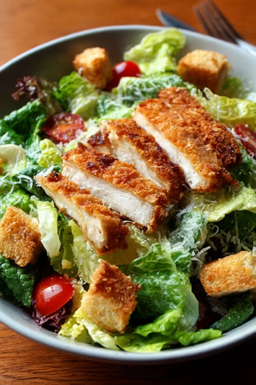 Chicken Caesar Salad with crispy golden chicken, romaine lettuce, parmesan, croutons, and cherry tomatoes in a bowl.