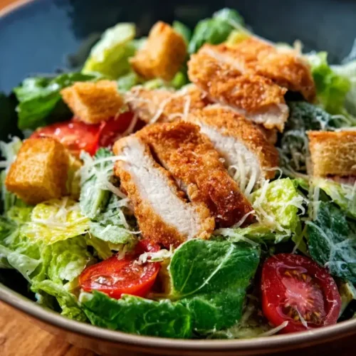 Chicken Caesar salad with crispy breaded chicken, fresh romaine lettuce, parmesan cheese, croutons, and cherry tomatoes in a bowl.