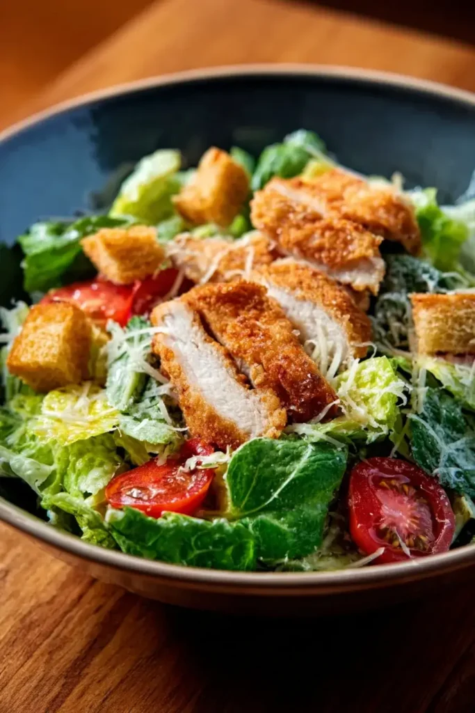 Chicken Caesar Salad with crispy golden chicken, romaine lettuce, parmesan, croutons, and cherry tomatoes in a bowl.
