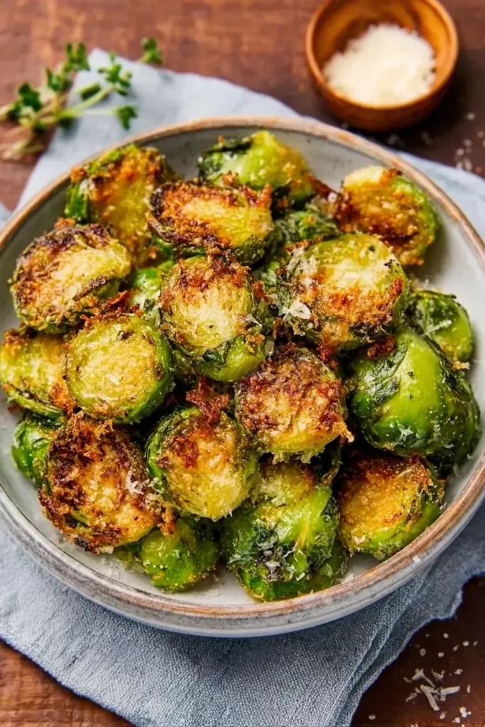 Close-up of golden brown crispy garlic parmesan Brussels sprouts served in a decorative blue bowl, topped with freshly grated cheese.