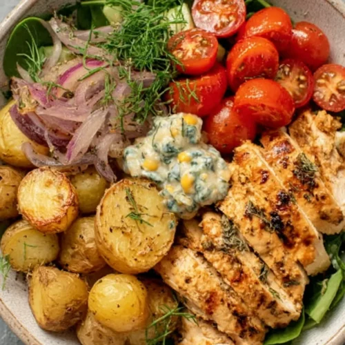 A bowl filled with sliced grilled chicken breast, roasted baby potatoes, cherry tomatoes, spinach, red onion, cucumber, and a creamy herb sauce, garnished with fresh dill.