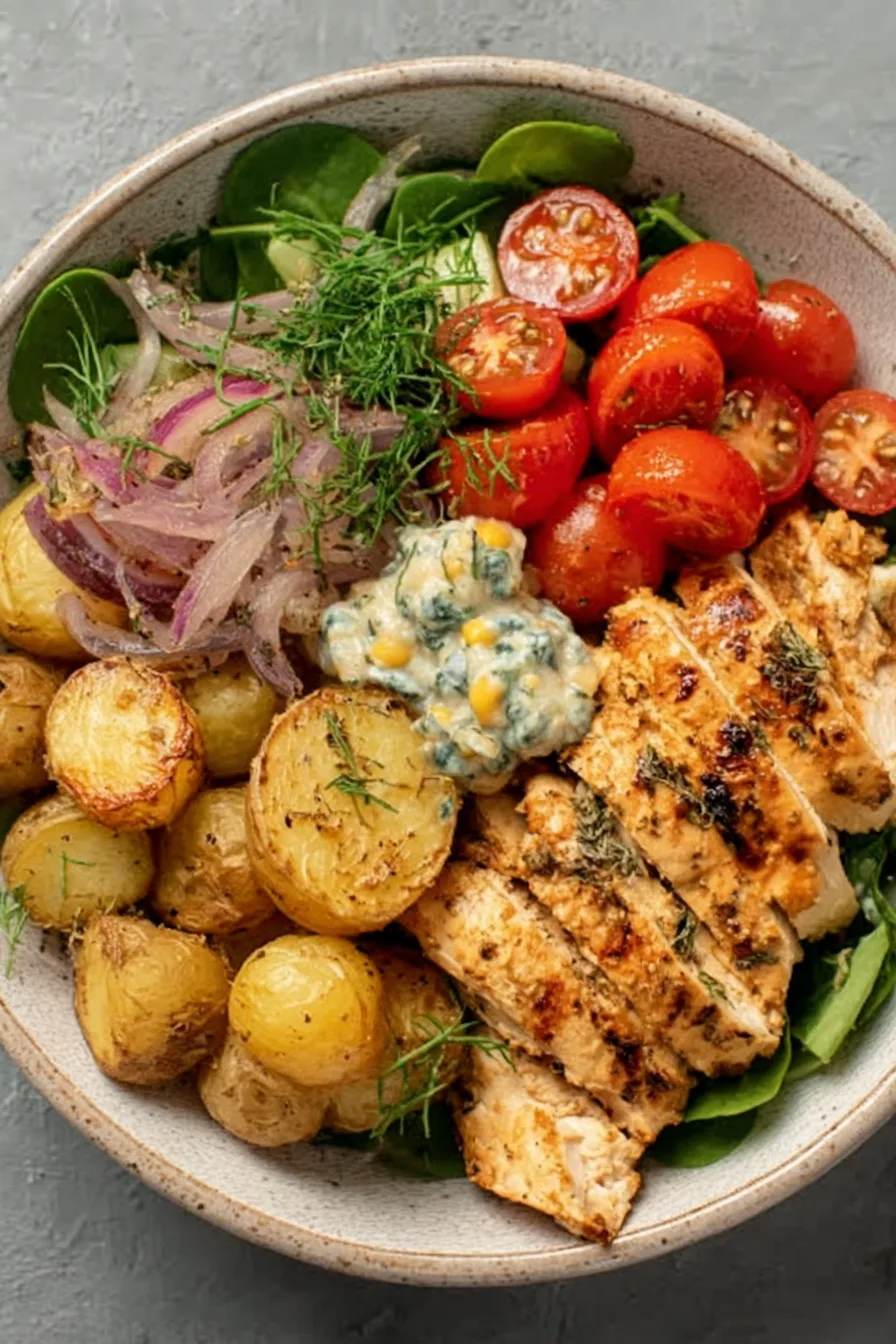 A bowl filled with sliced grilled chicken breast, roasted baby potatoes, cherry tomatoes, spinach, red onion, cucumber, and a creamy herb sauce, garnished with fresh dill.