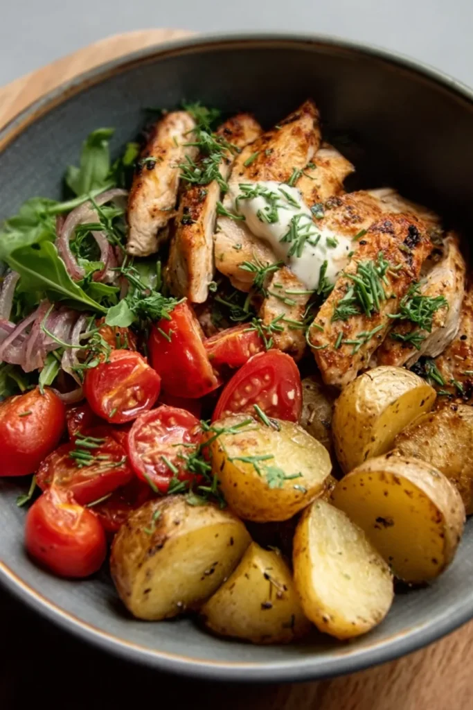 Skinny chicken and roasted potato bowl with grilled chicken breast, golden roasted potatoes, cherry tomatoes, fresh spinach, and herb sauce in ceramic bowl
