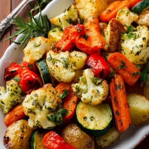 Garlic herb roasted potatoes, carrots, zucchini, and other vegetables served in a white bowl with fresh rosemary
