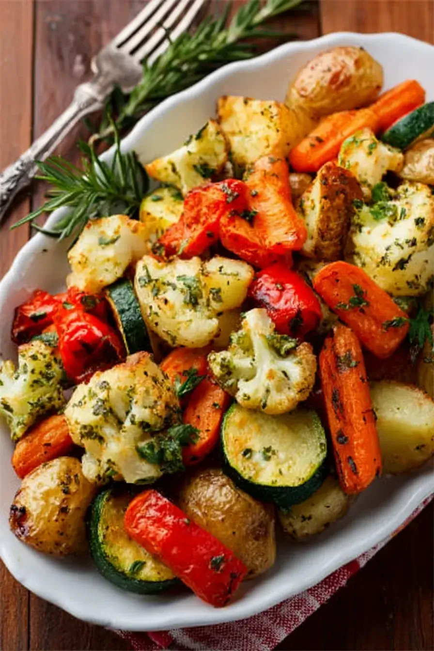Garlic herb roasted potatoes, carrots, zucchini, and other vegetables served in a white bowl with fresh rosemary
