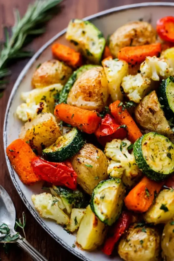 Colorful roasted potatoes, carrots, zucchini, cauliflower, and red bell pepper garnished with fresh herbs in a bowl