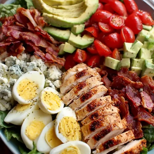 A colorful Cobb salad bowl with sliced grilled chicken, crispy bacon, hard-boiled eggs, avocado, cherry tomatoes, blue cheese, and romaine lettuce.