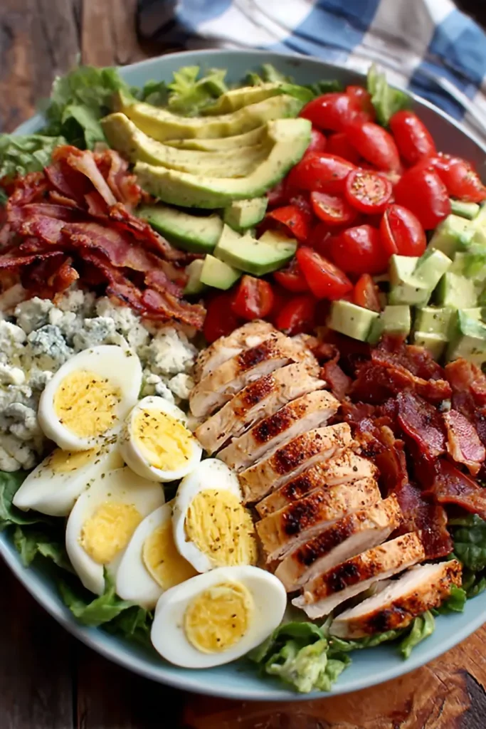 A colorful Cobb salad bowl with sliced grilled chicken, crispy bacon, hard-boiled eggs, avocado, cherry tomatoes, blue cheese, and romaine lettuce.