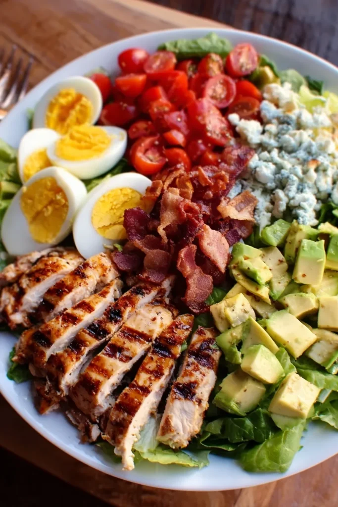 A vibrant Cobb salad in a bowl with sliced grilled chicken, crispy bacon, hard-boiled eggs, chopped avocado, cherry tomatoes, crumbled blue cheese, and fresh lettuce.
