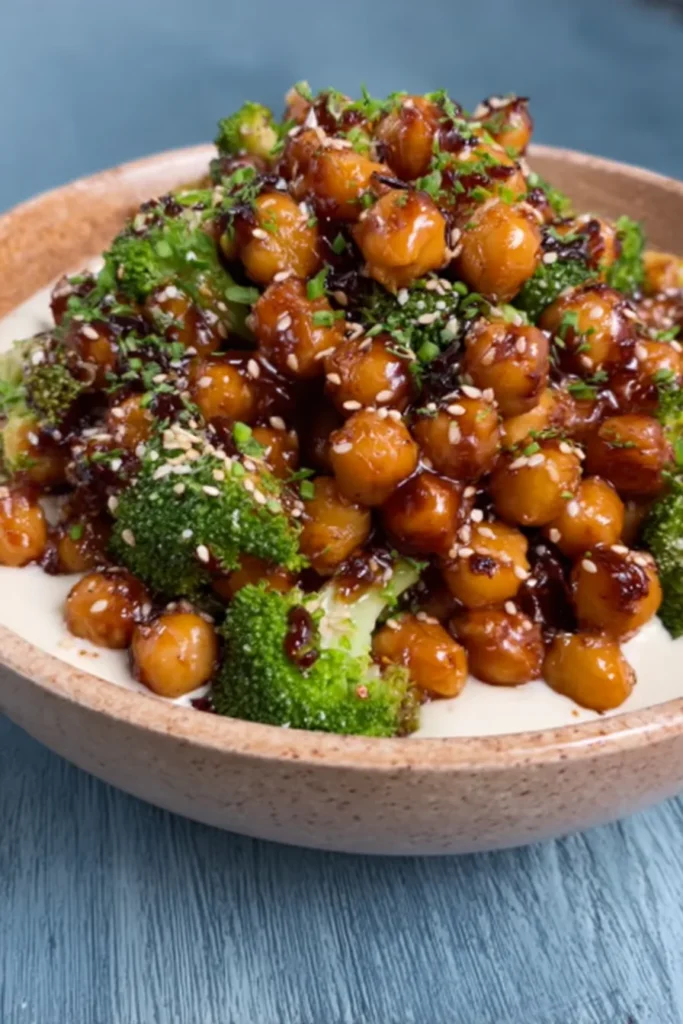 Sticky sesame chickpeas with broccoli florets drizzled in glossy sauce, sprinkled with sesame seeds and scallions in a black bowl over creamy sauce