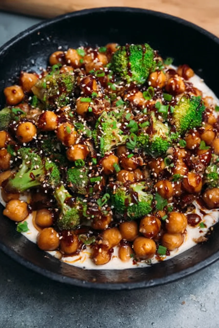 Vegan sticky sesame chickpeas with broccoli, served in a black bowl and garnished with sesame seeds and green onions.
