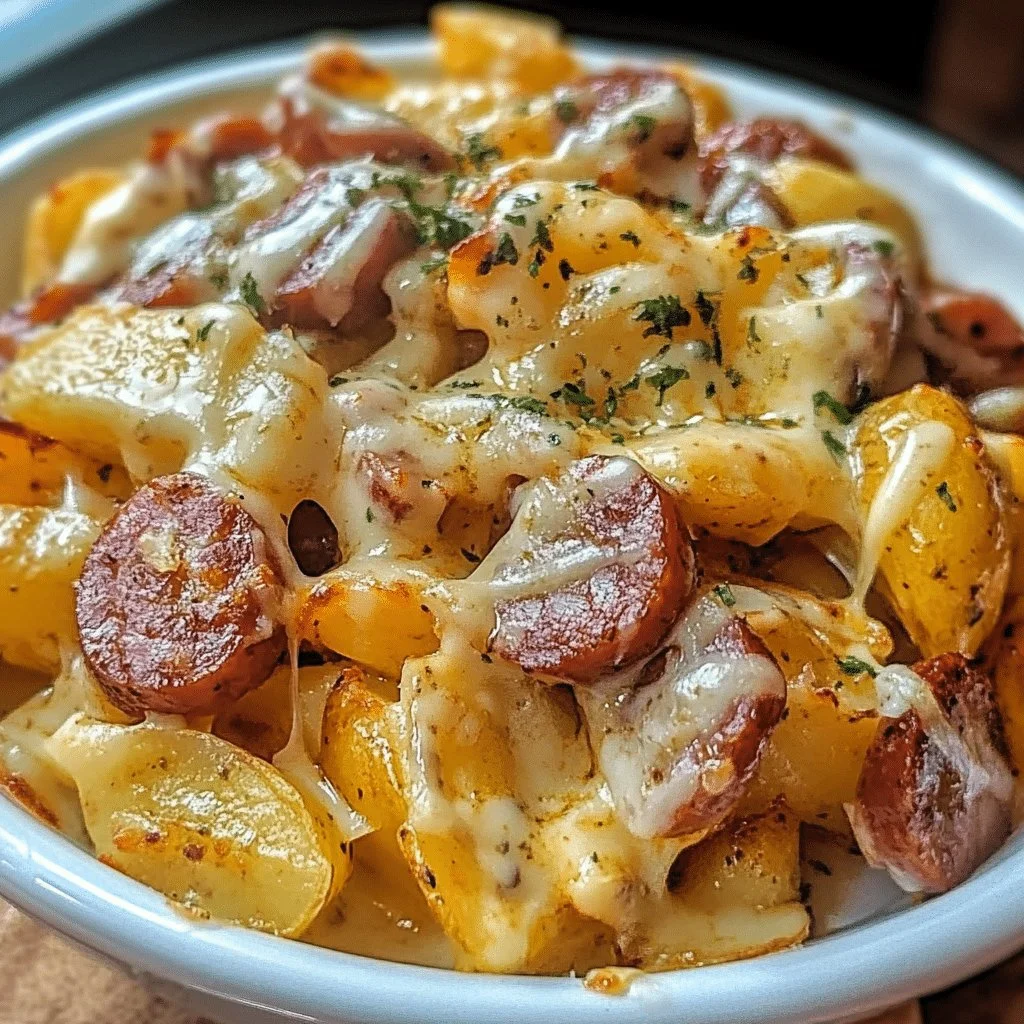Dish of Cheesy Ranch Potatoes with Smoked Sausage served in a bowl