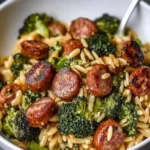 Chicken Sausage and Broccoli Orzo served in a bowl with fresh herbs.