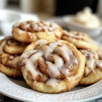 Freshly baked cinnamon roll cookies with icing on a cooling rack.