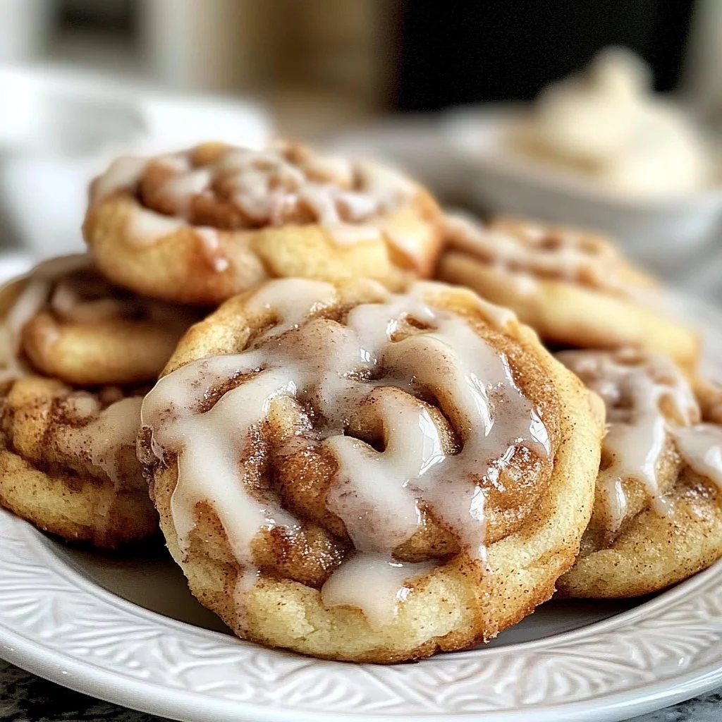 Freshly baked cinnamon roll cookies with icing on a cooling rack.