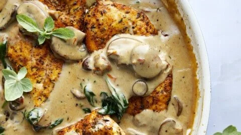 Creamy mushroom chicken dish garnished with herbs on a white plate