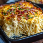 Creamy Southern spaghetti bake served in a baking dish with cheese on top