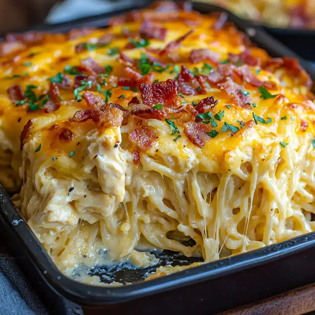 Creamy Southern spaghetti bake served in a baking dish with cheese on top